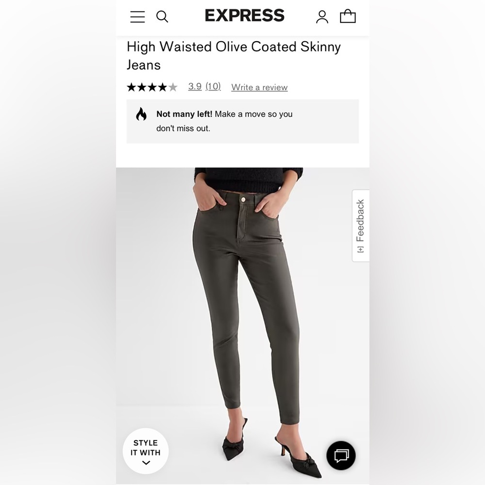 High waisted olive coated skinny jeans